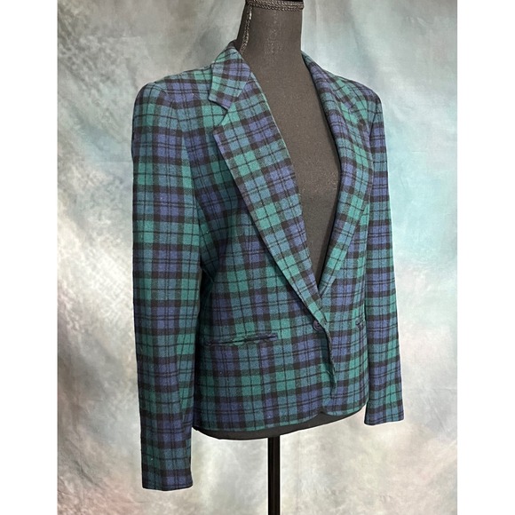 Pendleton Women's Wool Blazer Black Watch Tartan Green Blue Plaid‎ Career Office - Picture 3 of 7